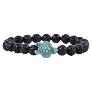 Black Lava Bead Bracelet with Turquoise Turtle